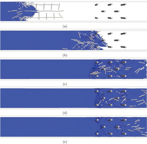 Figure 23. Simulation results of tsunami with driftwood against tide protection forest (case 3). The size of driftwood is 2 cm×2 cm×20 cm, and the number of poles is 8. (a) t=1.68 s, (b) t=2.88 s, (c) t=3.84 s, (d) t=4.80 s and (e) t=6.24 s.