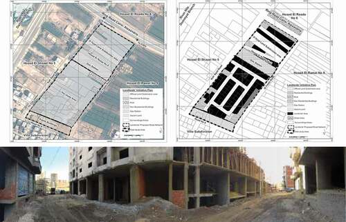 Figure 5. Illustrates an example for formalization of urban informality as a PILaR. Top left shows El Rezqa area before the implementation of PILaR. Top right shows the urban pattern of El Rezqa site after the implementation of PILaR. Bottom demonstrates the current construction process of El Rezqa area according to the official approval of PILaR