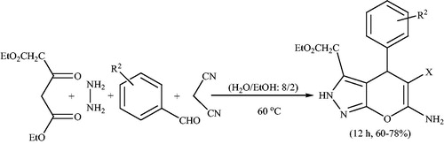 Scheme 8. Catalyst-free synthesis of pyrano[2,3-c]pyrazole derivatives in water/ethanol at 60 °C.