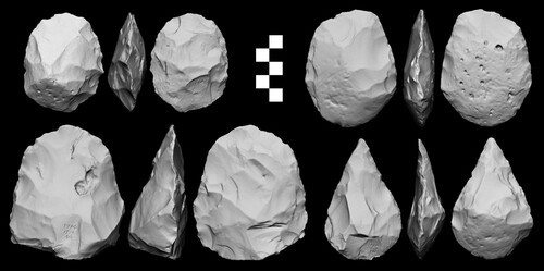 Figure 2. Handaxes from Tabun Layer Ed. All specimens are made on cobbles except for the bottom left which is made on an old biface.