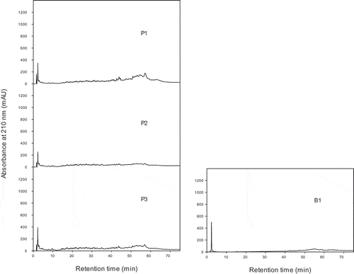 Figure 2. Peptide profiles (LC with absorbance measurement at 210 nm) of grass carp skin hydrolysates made with proteinase K (P1-P3) and a blank sample (B1) without enzyme but incubated under the same conditions as P3. Detailed hydrolytic conditions and DH are given in Table 1.