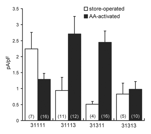 Figure 1 The effect of expression of different Orai1/Orai3 pentameric constructs on store-operated and arachidonic acid activated currents. Inward store-operated currents (white bars) and arachidonic acid activated currents (black bars) measured at −40 mV in STIM1-stable cells expressing different concatenated pentameric constructs containing various numbers of Orai3 subunits. Values are means ± SEM, n = numbers in parentheses.