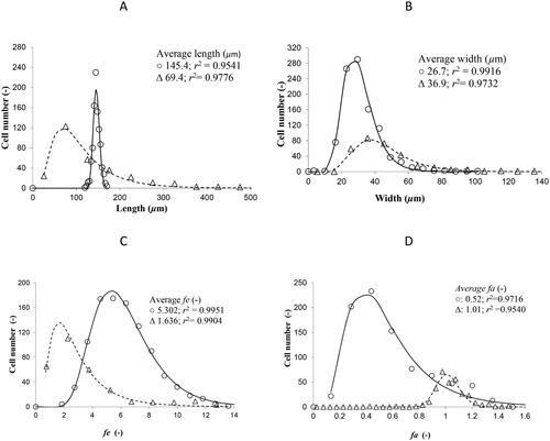 Figure 6. Length (A), width (B), fe ratio (C) and fa (D) distributions of cells from J. mexicana cell suspension cultures in 0.4-L STB at 400 rpm (Δ); and 4-L STB at 229 rpm (○); 0.5 vvm aeration rate.