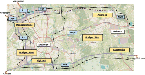 Figure 2. Overview of development ambitions in the Eindhoven region, including economic sectors, infrastructure and green areas (© OpenStreetMap under CC BY-SA license).