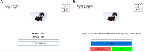Figure 3. (A) A depiction of the initial screen of each trial with all options not clicked. (B) The response evaluation screen after both the “meaning hint” and the “reveal answer” boxes were successively clicked.