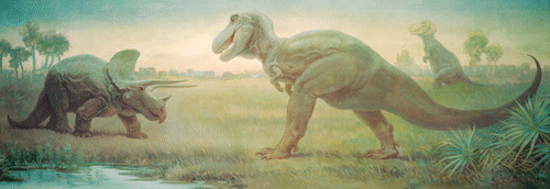 FIGURE 2: Charles R. Knight's famous painting “Tyrannosaurus Facing Triceratops” (ca. 1930), showing T. rex in both the traditional erect posture (background) and a more horizontal posture with tail off the ground (foreground). © 2012 The Field Museum, no. CK9T; used by permission.