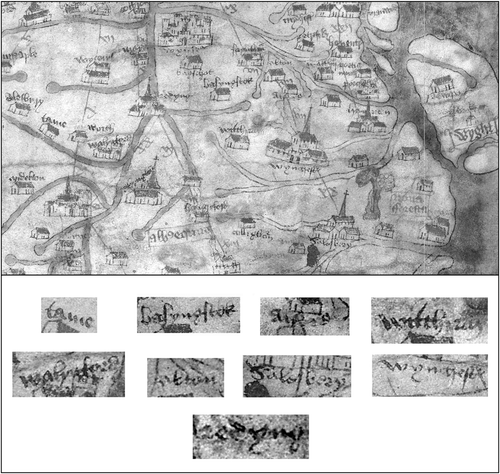 Fig. 4. Gough map. Detail of central southern England, with the Thames and its tributaries left of centre and the Isle of Wight on the right. Oxford is shown, its name illegible, between two rivers bottom left. Below, selected place-names demonstrate differences of letter-forms. Top row (first three left to right): the cursiva anglicana minuscule a is seen in tame (Thame), basyngstok (Basingstoke) and alford (Alresford, Hampshire). Middle row: Secretary minuscule a is seen in walynford (Wallingford), alton (Alton, Hampshire) and Salesbery (Salisbury). The final examples in each row, witchirch (Whitchurch, Hampshire) and wynchester (Winchester), illustrate the Secretary letter w. In witchirch, notice also the use of 2-shaped letter r following letter i and the exceptional stretching of minuscule letter t. In the bottom row, the initial 2-shaped letter r of redyng (Reading) may well be an indicator of lateness of date. (Reproduced with permission from the Bodleian Library, Oxford.)