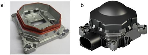 Figure 2. Aluminium die casting component chosen for the evaluation of surface defects: Figure (a) represents the raw analysed component, the subject of this study, Figure (b) represents the assembled component with all its parts ready to be installed on a car.