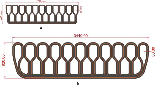 Figure 4. Print paths of the 1:2 scale model for testing (a) and the actual bridge section (b). The optimised pattern of the latter with regard to the former saves 4% of print path length.