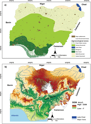 Figure 1. Nigeria a) Agroecological zones, major settlements, and Local Government Areas (3rd administrative level), b) Biophysical map depicting elevation, topography, major rivers and lakes.