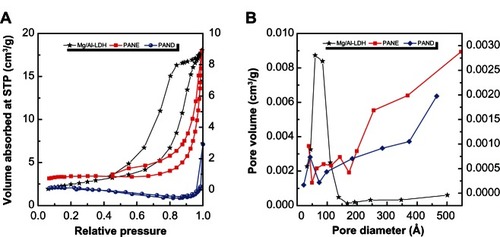 Figure 6 Adsorption–desorption isotherms (A) and BJH pore size distribution (B) for Mg/Al-LDH, PANE, and PAND.Abbreviations: BJH, Barret–Joyner–Halenda (method); LDH, layered double hydroxide; PAND, protocatechuic acid-Mg/Al nanocomposite synthesized by direct method; PANE, protocatechuic acid-Mg/Al nanocomposite synthesized by ion-exchange method; STP, standard temperature and pressure.