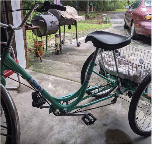 Figure 3. Dawn showing off the basket built for her dog to ride with her while biking. It was important to Dawn to be able to engage in LTPA with her dog.