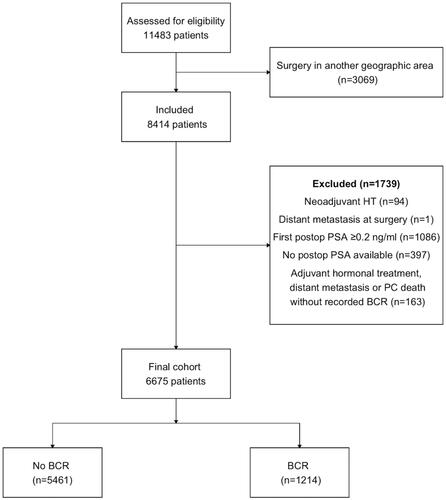 Figure 1. Flow chart of patient inclusion in the study. BCR: Biochemical recurrence; HT: Hormonal therapy; PC: Prostate Cancer.