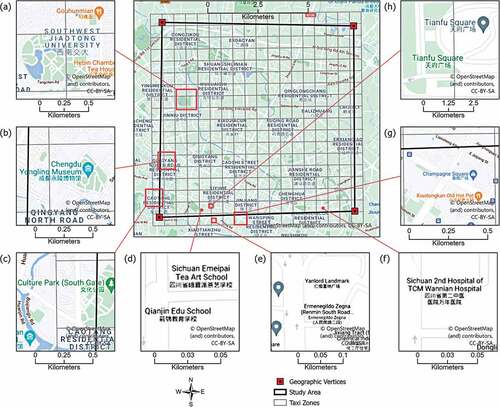 Figure 7. Base map for didi usage analysis: (a) Southwest jiaotong university; (b) Chengdu yongling museum; (c) Culture park; (d) qianjin edu school; (e) Yanlord landmark plaza; (f) Sichuan 2nd hospital of tcm wannian hospital; (g) Champagne square; and (h) Tianfu square.