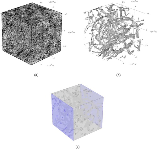 Figure 2. Inductive EA system; (a) finite element mesh reconstructed by CT-scans, (b) steel fibres distribution, and (c) the opposite sides between which the potential difference is applied.