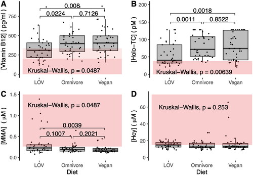 Figure 3. Biomarkers of vitamin B12 status. (A) Plasma vitamin B12. (B) Plasma holoTC. (C) Plasma MMA. (D) Plasma Hcy. Dark red shadowing denotes values below or above reference ranges indicative of vitamin B12 deficiency. Light red shadowing depicts values that classify as low vitamin B12 or subclinical vitamin B12 deficiency. p values were adjusted for multiple comparisons using the holm method. The reference ranges utilized in this study were as follows: Hcy: 5–15 µM; MMA: <0.260 µM; holoTC: <35 pM, and vitamin B12: <149 pM deficiency; 149–250 pM subclinical deficiency; and >250 pM normal.