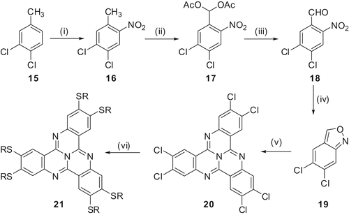 Scheme 4. Synthesis of 2,3,7,8,12,13-hexathioalkoxy-TCQ derivatives. (i) AcOH, H2SO4, HNO3, 0–5°C, 90%. (ii) Ac2O, H2S04, CrO3, 0–5°C, 3 h, 20–60%. (iii) EtOH, H2O, HCl, reflux 1 h, 58%. (iv) AcOH, Sn, room temperature 20 h, 15–55%. (v) Sulpholane, AcOH, NH4OAc, 150°C, 7–24 h, 10–40%. (vi) n-Alkylthiol, potassium-tert-butoxide, NMP, 100°C, 10 min, 50%.