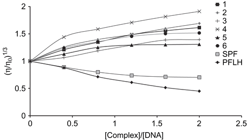 Figure 6.  Effect on relative viscosity of DNA under the influence of increasing amount of complexes at 27°C ± 0.1°C in phosphate buffer (Na2HPO4 /NaH2PO4, pH 7.2).