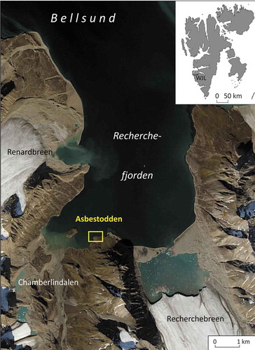 Figure 1. Study area (image courtesy of the US Geological Survey, Department of the Interior). The location of Wedel Jarlsberg Land (WJL) in Svalbard is shown on the inset.