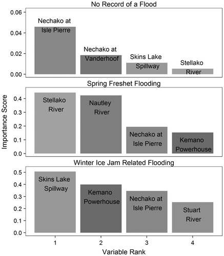 Figure 4. Variable importance as estimated by a 5000 tree random forest. The model trained on this random forest included upstream discharge predictors of flooding in Prince George, BC. During spring floods the most important variables in the data models were the Stellako and Nautley Rivers. In contrast, the most important variables during winter floods were Skins Lake Spillway and Kemano Powerhouse discharge. In the absence of floods, the most important predictor was simply the main stem Nechako River discharge at Isle Pierre. Values should not be compared amongst panels but instead within panels. The absolute value on the vertical axis is only relevant as an intra-panel comparison.