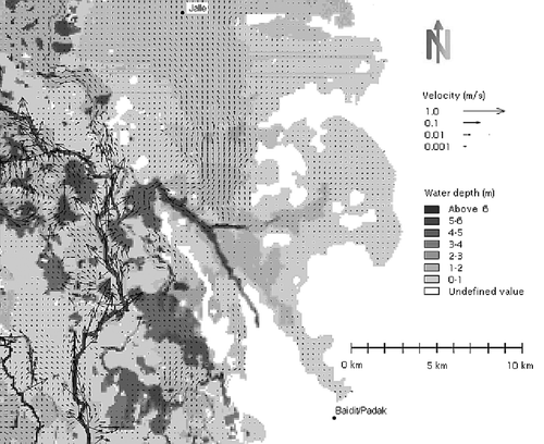 Fig. 7 Water depth, inundation extent and velocities under typical rainy season high flows (2000 m3/s swamp inflow at Mongalla) in the core assessment area. Water is flowing down the seasonal flood plains, which are inundated under these conditions.