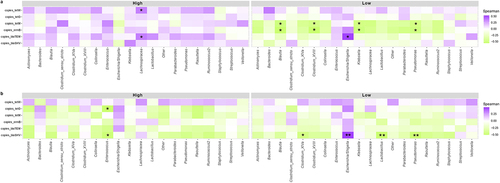 Figure 6. Spearman correlations between genera and copies of ARGs. Heat map to show Spearman correlations between copies of ARGs and microbiota composition at the genus level, divided by Bifidobacterium relative abundance clusters (High and Low) for infants of 7 days of age (a) and 1 month of age (b). Statistical differences are marked as follows: * p < .05, ** p < .01.