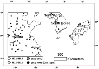 Figure 1. The study area and 222 points of National Institute for Environmental Studies Level 2 data (observations) for March to June 2009–2012.