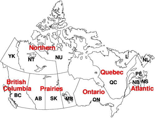 Fig. 2 The six regions (in red) used in this study: British Columbia region includes all stations in British Columbia (BC); Prairies region – all stations in Alberta (AB), Saskatchewan (SK) and Manitoba (MB); Ontario region – all stations in Ontario (ON); Quebec region – all stations in Quebec (QC); Atlantic region – all stations in New Brunswick (NB), Prince Edward Island (PE), Nova Scotia (NS), and Newfoundland and Labrador (NL-L); and Northern region – all stations in Yukon (YK), Northwest Territories (NT), and Nunavut (NU).