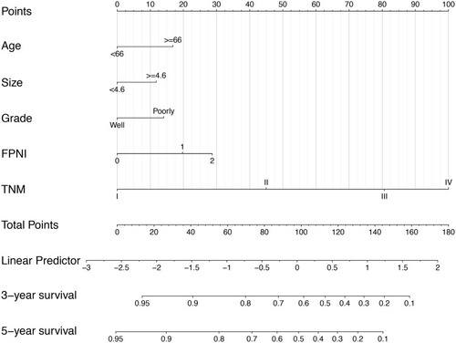 Figure 2 Nomogram for predicting 3- and 5-year OS of GC patients after surgery.