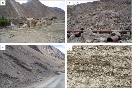 Figure 6. (a) Accumulation of megaclasts in New Kande. (b) Rocks of different sizes in the road slope, close to Marzigon. (c) Material extraction from the bottom of the scree deposit on the west side of the road between New Kande and Hushe. (d) Detail of a scree deposit.