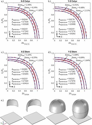 Figure 4. (a–d) Dimensionless empirical minimum, average and maximum shape profiles for count 36 Hayward kiwifruit (red) compared with the updated LPF (EquationEquation 9(9) dj,k=Lk−LkexpS−1×expS×ZLk−12⋅Lk+Lk2−Z22⋅Lk×Dj(9) ) where S= 7.0 (blue; EquationEquation (9)(9) dj,k=Lk−LkexpS−1×expS×ZLk−12⋅Lk+Lk2−Z22⋅Lk×Dj(9) ); (e) Creating a kiwifruit in COMSOL as eight parametric surfaces