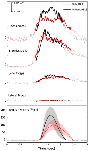 Figure 1. Smoothed-rectified EMGs of biceps brachii, brachioradialis, long and lateral heads of triceps brachii, and corresponding angular velocity (±SD) during an elbow flexion with/without exoskeleton.