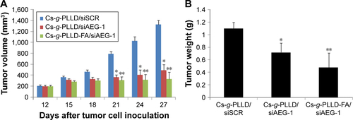 Figure S6 (A, B) The tumor volume and weight in all groups.Notes: *P<0.05, n=5, versus the group of tumors treated with Cs-g-PLLD/siSCR. **P<0.05, n=5, versus the group of tumors treated with Cs-g-PLLD/siAEG-1.Abbreviations: FA, folic acid; PLLD, poly (L-lysine) dendrons; AEG-1, astrocyte elevated gene-1; Cs-g-PLLD-FA, a novel nanoscale polysaccharide derivative prepared by click conjugation of azido-modified chitosan with propargyl focal point PLLD and subsequent coupling with FA; Lip, Lipofectamine 2000; siSCR, scrambled small interfering RNA.