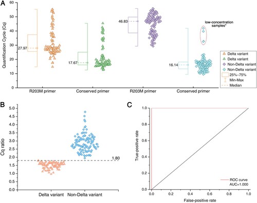 Figure 4. Analysis of RT-LAMP results and Delta genotyping methods from clinical samples. (A) Comparison of the Cq values for R203M and conserved primers on the amplification of clinical samples. Box plots indicate the minimum and maximum value (whiskers), median (middle dotted line), and 25th and 75th percentiles (box). *Low-concentration samples: The four low-concentration non-Delta samples circled by the red dotted line have no corresponding amplification Cq value using R203M primers. (B) Comparison of the Cq ratio between Delta and non-Delta variants. The cutoff of the Cq ratio is set at 1.80 (dotted line). The Cq ratio values are significantly different in Delta and non-Delta variants. Statistical analysis was performed using the Wilcoxon/Kruskal-Wallis test, ***P < 0.001. (C) ROC (receiver operating characteristics with area under curve) curves for Delta variant identification as measured by the developed RT-LAMP method.