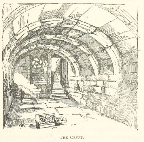 Fig. 9. Crypt beneath the north transept of St Nicholas’ church, Newcastle upon Tyne (Tyne and Wear) by W. H. Knowles. A piscina is visible in the south wall, and the crypt is lit by a splayed window in the east wallFrom J. R. Boyle, Vestiges of Old Newcastle and Gateshead (London 1890)