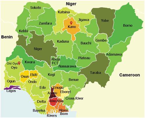 Figure 7. Map of Nigeria showing Kano and old Oyo (https://www.google.com.ng/Nigeria).