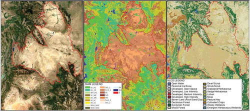 Figure 12. Wyoming Basin ecoregion, as part of the “North American deserts” level 1 ecoregion 10.1.4. Left: WELD 2006 tile (true color). Middle: SIAM test map of the WELD 2006 tile shown at left, with 19 spectral macro-categories at the intermediate color discretization level. Right: NLCD 2006 reference map, featuring 16 LC classes. In these three images, the boundary of the Wyoming Basin ecoregion is overlaid in red. The desertic Wyoming Basin ecoregion is classified as predominantly “Scrub/Shrub” (SS) and “Grassland/Herbaceous” (GH) in the USGS NLCD 2006 reference map (refer to Table 1), and predominantly as bare soil (sbS_1, SmS_1, aS) in the SIAM-WELD 2006 test map (refer to Table 2). This phenomenon of comprehensive “semantic mismatch” between the USGS NLCD 2006 and SIAM-WELD 2006 thematic maps is explained thoroughly in Chapter 4.3.