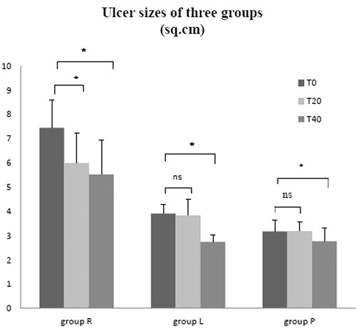 Figure 1. The comparison of ulcer sizes at three time-points in each group including RLA + HBO treated (group R), LA + HBO treated (group L) and placebo + HBO treated (group P). The ulcer sizes were determined before (T0), after 20(T20) and 40(T40) days from starting the HBO therapy. The results were expressed as cm2 and data represent mean ± SD. As shown in this figure, the ulcer sizes became smaller in group R at both T20 and T40 significantly compared with its basal value T0. Simultaneously, only the results of T40 in groups L and P expressed improvement in ulcer size. *p < 0.05. Group R: n = 10; group L: n = 10; and group P: n = 6.