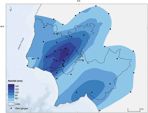 Figure 3. Spatial representation of the 24-h maximum rainfall during the 2008 event in the LMA.