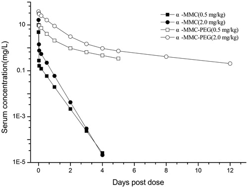 Figure 1. Serum concentration–time profiles of α-MMC and α-MMC-PEG in SD rats after a single iv bolus injection.