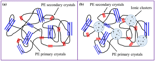 Figure 8. Schematic representation of the microstructure of (a) EMAA copolymer and (b) EMAA-Na ionomer.