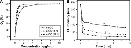 Figure 4 Quenching effect of nano-materials.Notes: Dose-dependent quenching efficiencies (QE) (A) of c-nGO, nrGO (4 h), and nrGO (12 h) on Pep-FITC (100 nM) and time-dependent fluorescence quenching (B) of Pep-FITC (100 nM) in TCNB buffer with 1 μg/mL c-nGO (a), nrGO (4 h) (b), and nrGO (12 h) (c).Abbreviations: c-nGO, carboxylated nano-graphene oxide; nrGO, reduced nano-graphene oxide; Pep-FITC, fluorescein isothiocyanate-labeled peptide; TCNB, Tris (50 mM), CaCl2 (10 mM), NaCl (150 mM), and Brij 35 (0.05%) (pH 7.5); FL, fluorescence; au, arbitrary unit; min, minutes; h, hours.