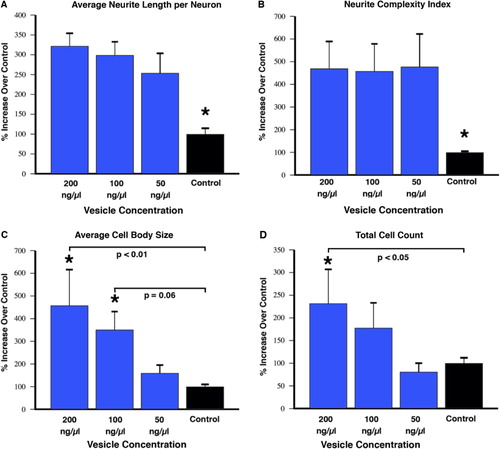 Fig. 5 NeuriteQuant analysis (mean±SEM). Motor neuron cells were cultured for 4 days in the presence or absence of varying concentrations of vesicles purified from conditioned media of muscle cells as described in the text. Semi-automated analysis of average neurite length per neuron (A), and the complexity of the neurites as judged by the number of branches per neurite (B) indicates a significant increase in length and complexity for all vesicle-treated groups compared to control (F=0.04, t-tests <0.05). (C) There was a dose-response effect on cell body size due to vesicle treatment compared to control that showed a trend at 100 ng/µl (p=0.06) and reached statistical significance with the 200 ng/µl vesicle group (F=0.02, t-tests =0.06 and < 0.01, respectively). (D) The total cell count also displayed a dose-response effect that reached significance with the 200 ng/µl vesicle group (F=0.05, t-test=0.03). The graphed results for each outcome measure are from conditioned media from 2 independent C2C12 myotube cultures (i.e. 2 biological replicates), with 2 independently prepared batches of extracellular vesicles from each media preparation (i.e. biological replicates), with 8 repetitions of each concentration (i.e. technical replicates). In total, the data represent NeuriteQuant analysis for >6,000 motor neurons. The “N” used for statistics was 4, obtained by the number of biological replicates of vesicle preparations.