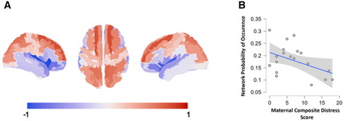 Figure 1. Maternal prenatal distress associates negative with the probability of occurrence of a frontoparietal network: (A) visualization of the brain network #3 identified from clustering solution with 6 clusters; (B) scatter plot of the association between probability of occurrence and PSE (spearman’s rho = −0.659, p = 0.004, Bonferroni-corrected p = 0.024).