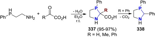 Scheme 197. Cyclocondensation of 2-(phenylphosphino)ethanamine with glyoxylic and α-keto acids.[Citation388,Citation389]