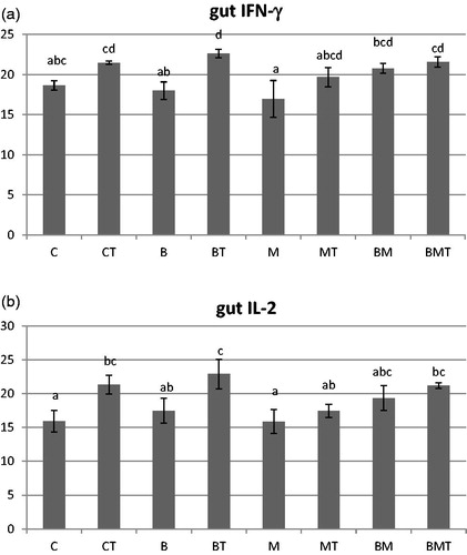 Figure 3. (a) Interferon-γ and (b) interleukin-2 measured from the gut mucosa at the end of the experiment (70 days of age). Results are given as Ct (cycle threshold) values. C: control; CT: control + T-2; B: B. cereus; BT: B. cereus+T-2; M: MOS; MT: MOS + T-2; BM: B. cereus+MOS; BMT: B. cereus+MOS + T-2. n = 6/group; MOS: mannan oligosaccharide; T-2: T-2 toxin. a,b,c,dSignificant (p<.05) differences between treatments.