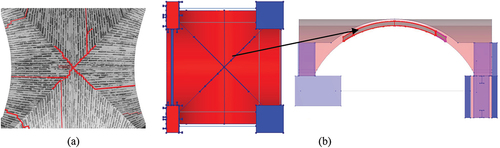 Figure 7. Grout injections modelled in the strengthened FEM‒SM model in DIANA 10.5 (Citation2022): (a) damaged intrados at the end of the ST–UNS–75%, (b) solid elements to simulate injections (intrados and north elevation).