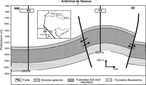 Fig. 10 Coupe géosismique dans le secteur Hezoua–Mzaraa correspondant au profil sismique E1.