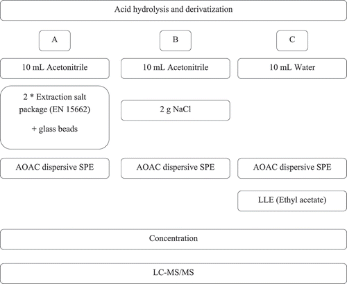 Figure 1. A schematic representation of the different sample clean up procedures tested during method development. LLE is liquid-liquid extraction using ethyl acetate