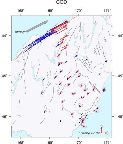 Figure 2. Site velocities relative to the MORVEL Pacific Plate pole (DeMets et al. Citation2010). (Display full size) Pre-Dusky Sound 2009 earthquake velocities and (Display full size) post-Dusky Sound 2009 velocities. Error ellipses are shown as 95% confidence intervals.
